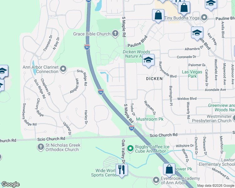 map of restaurants, bars, coffee shops, grocery stores, and more near 2510 Banyan Court in Ann Arbor