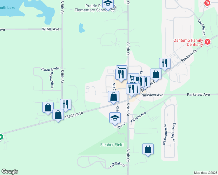 map of restaurants, bars, coffee shops, grocery stores, and more near 3080 Mill Creek Drive in Kalamazoo