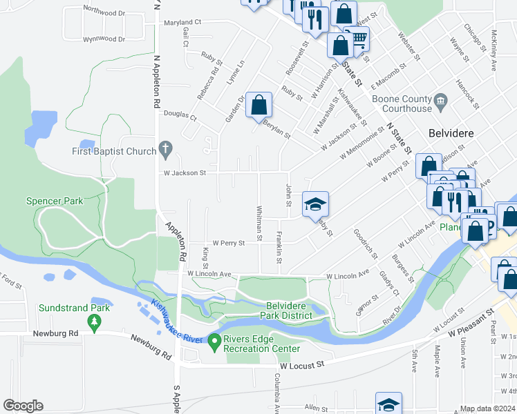 map of restaurants, bars, coffee shops, grocery stores, and more near 615 Whitman Street in Belvidere