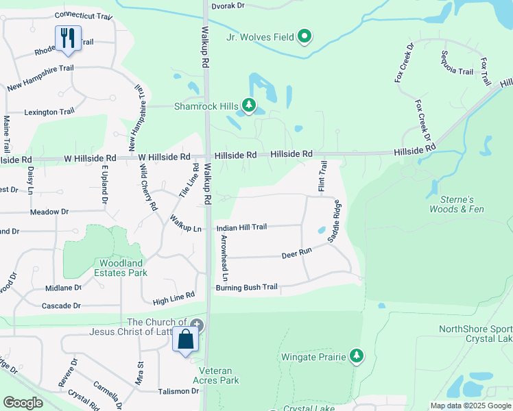 map of restaurants, bars, coffee shops, grocery stores, and more near 725 Saddle Ridge in Crystal Lake