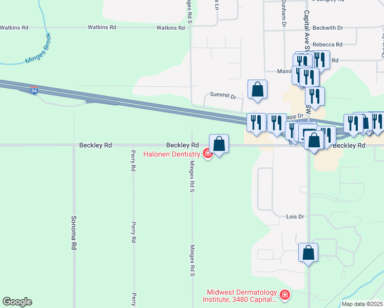 map of restaurants, bars, coffee shops, grocery stores, and more near 12700 Minges South Road in Battle Creek