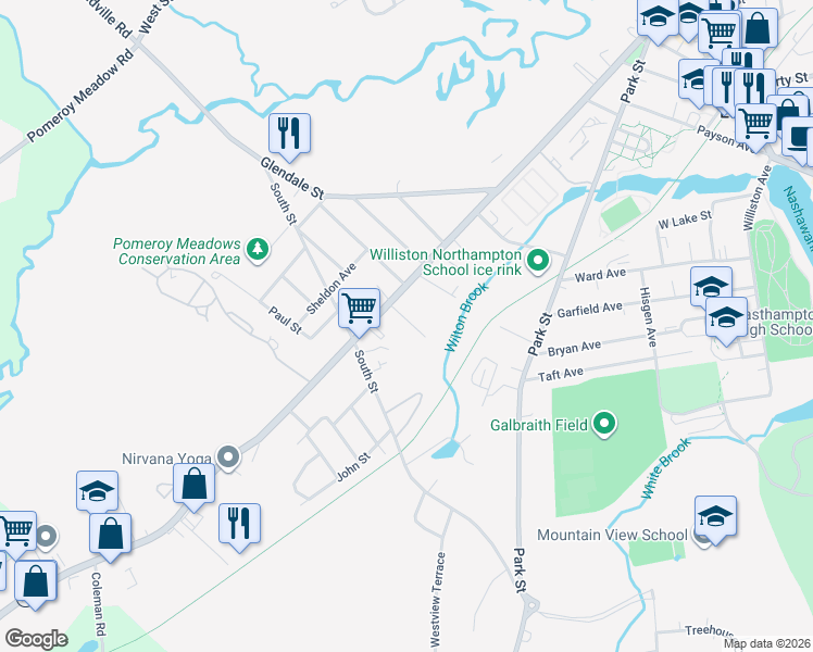map of restaurants, bars, coffee shops, grocery stores, and more near 312 Main Street in Easthampton