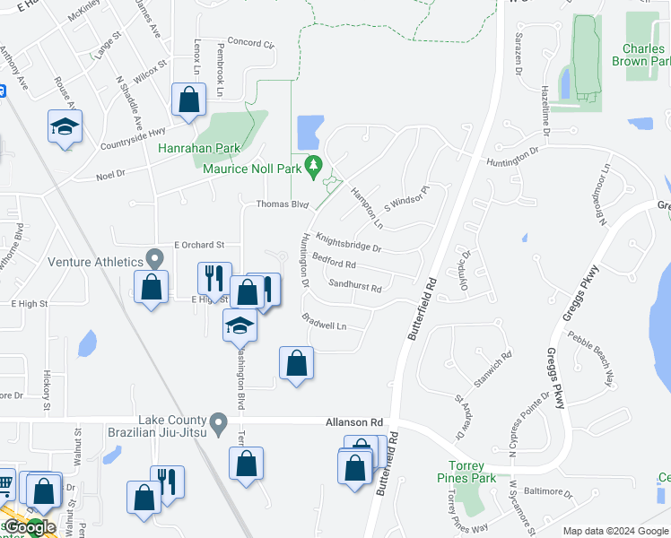 map of restaurants, bars, coffee shops, grocery stores, and more near 41 Bedford Road in Mundelein