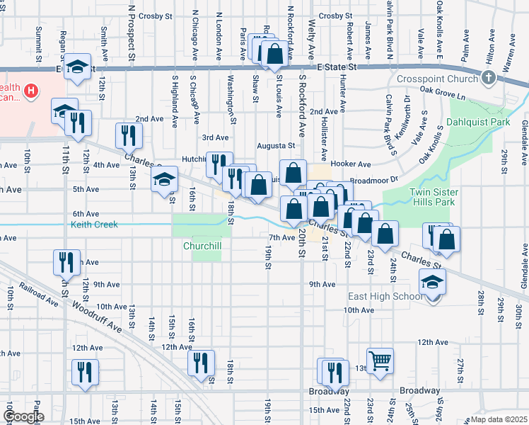 map of restaurants, bars, coffee shops, grocery stores, and more near 2316 Charles Street in Rockford