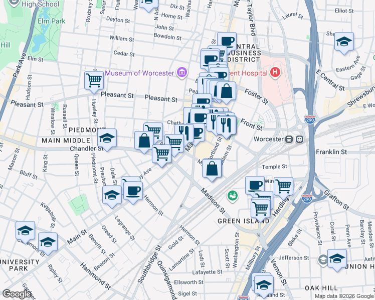 map of restaurants, bars, coffee shops, grocery stores, and more near 590 Main Street in Worcester