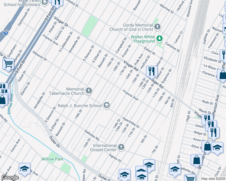 map of restaurants, bars, coffee shops, grocery stores, and more near 3835 17th Street in Ecorse