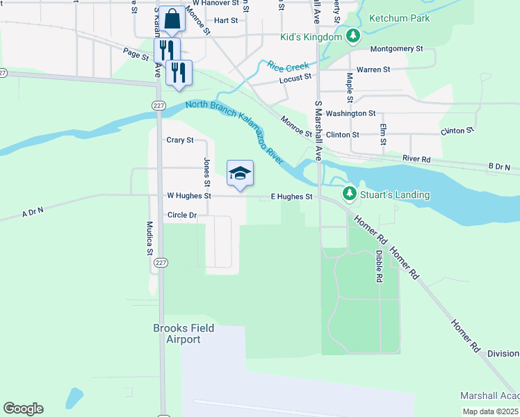 map of restaurants, bars, coffee shops, grocery stores, and more near 103 West Hughes Street in Marshall