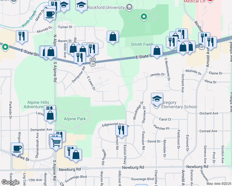 map of restaurants, bars, coffee shops, grocery stores, and more near 735 Easton Parkway in Rockford