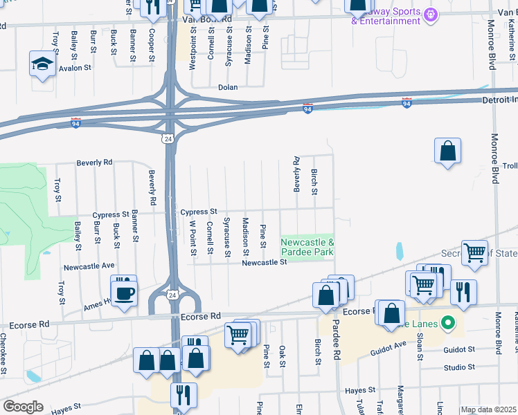 map of restaurants, bars, coffee shops, grocery stores, and more near 23556 Cypress Street in Taylor