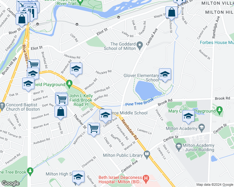 map of restaurants, bars, coffee shops, grocery stores, and more near 16 Allerton Road in Milton
