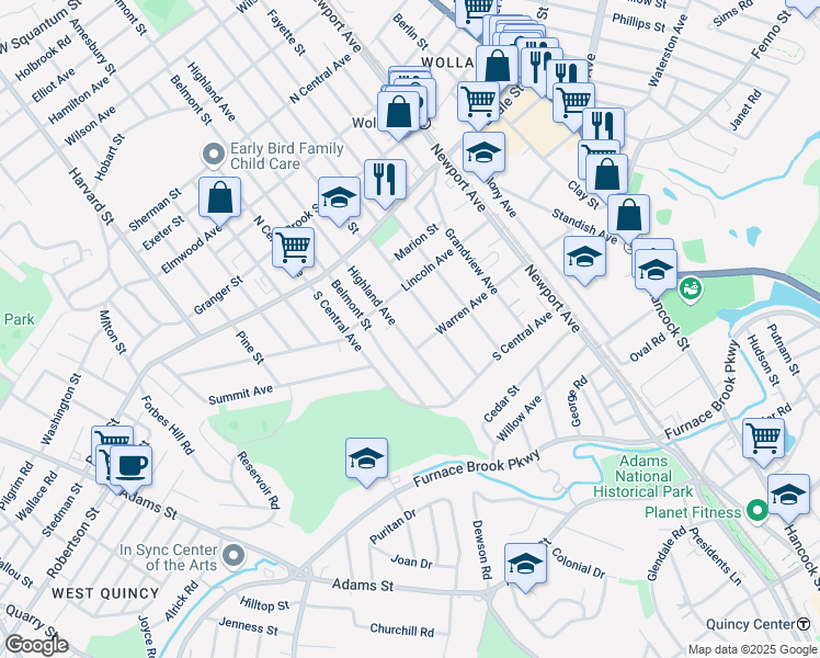 map of restaurants, bars, coffee shops, grocery stores, and more near 354 Highland Avenue in Quincy