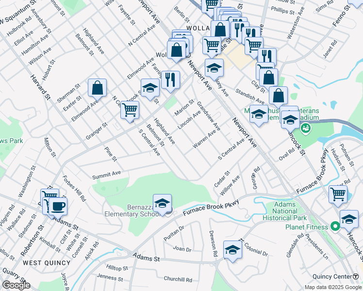 map of restaurants, bars, coffee shops, grocery stores, and more near 354 Highland Avenue in Quincy