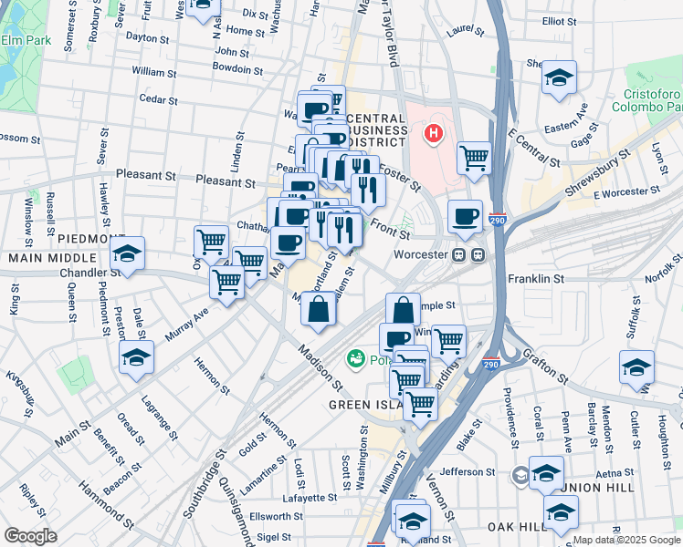 map of restaurants, bars, coffee shops, grocery stores, and more near 26 Portland Street in Worcester