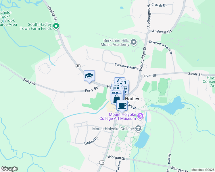 map of restaurants, bars, coffee shops, grocery stores, and more near 23 Hadley Street in South Hadley