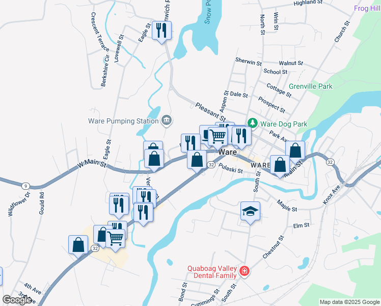 map of restaurants, bars, coffee shops, grocery stores, and more near 51 West Main Street in Ware