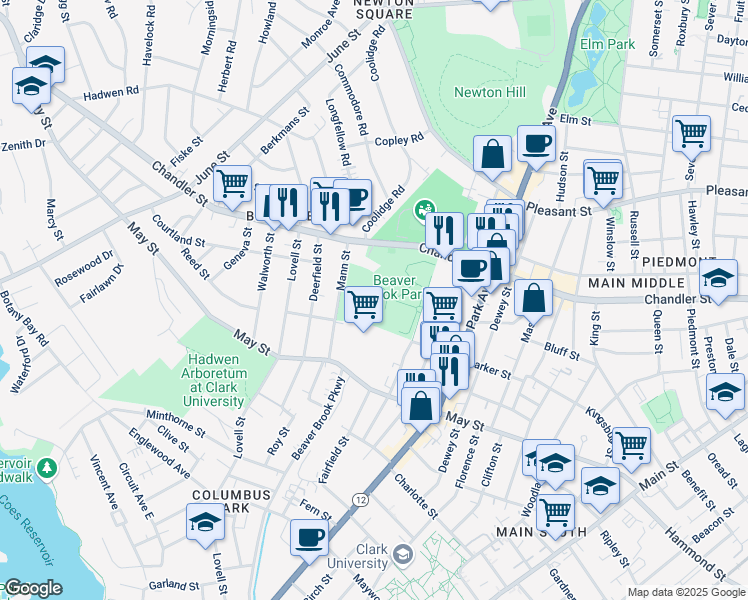map of restaurants, bars, coffee shops, grocery stores, and more near 80 Mayfield Street in Worcester