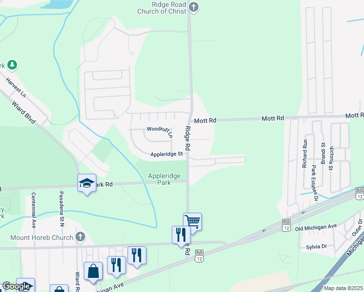 map of restaurants, bars, coffee shops, grocery stores, and more near 1429 Ridge Road in Ypsilanti