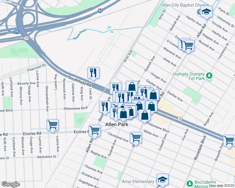 map of restaurants, bars, coffee shops, grocery stores, and more near 16000 Southfield Road in Allen Park