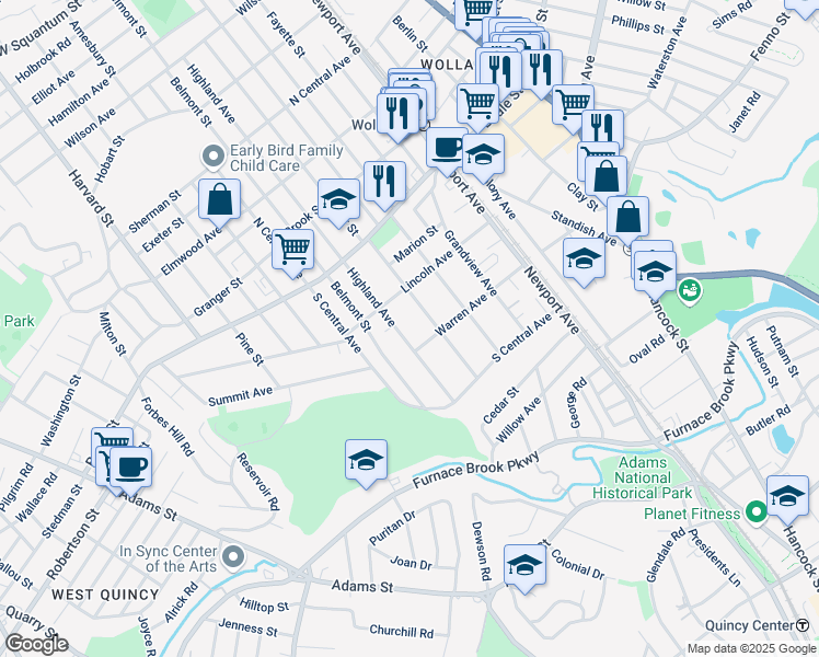 map of restaurants, bars, coffee shops, grocery stores, and more near 75 Prospect Avenue in Quincy