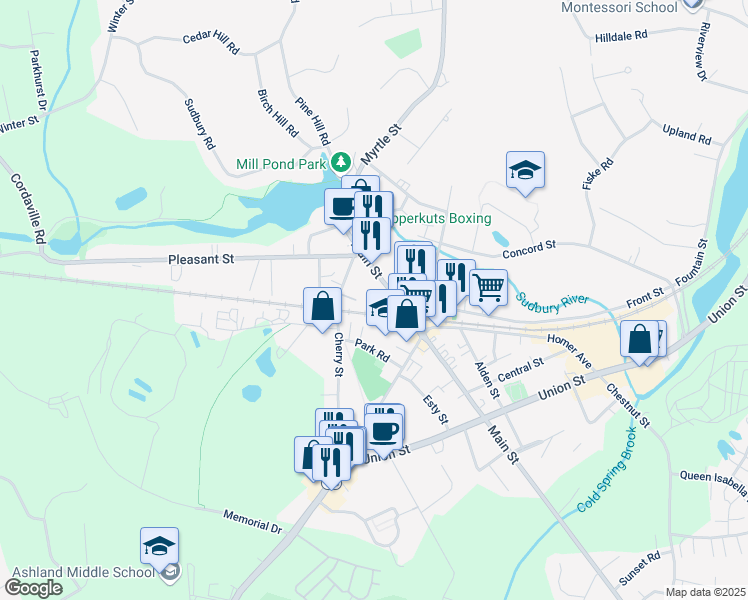 map of restaurants, bars, coffee shops, grocery stores, and more near 117 Main Street in Ashland
