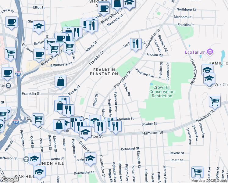 map of restaurants, bars, coffee shops, grocery stores, and more near 7 Dell Avenue in Worcester