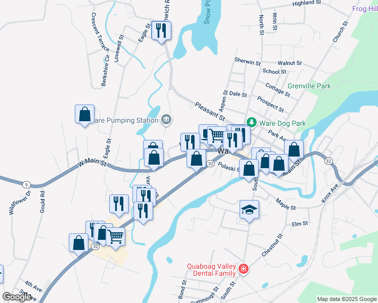 map of restaurants, bars, coffee shops, grocery stores, and more near 37 Eddy Street in Ware