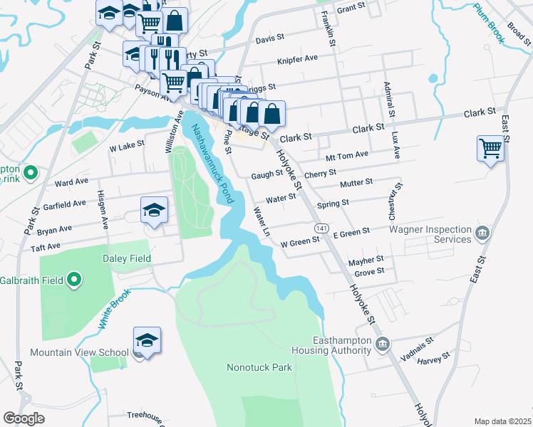 map of restaurants, bars, coffee shops, grocery stores, and more near 30 Water Street in Easthampton