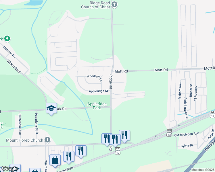 map of restaurants, bars, coffee shops, grocery stores, and more near 1429 Ridge Road in Ypsilanti