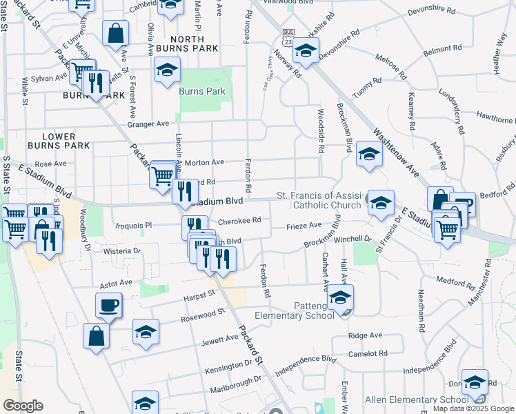map of restaurants, bars, coffee shops, grocery stores, and more near in Ann Arbor