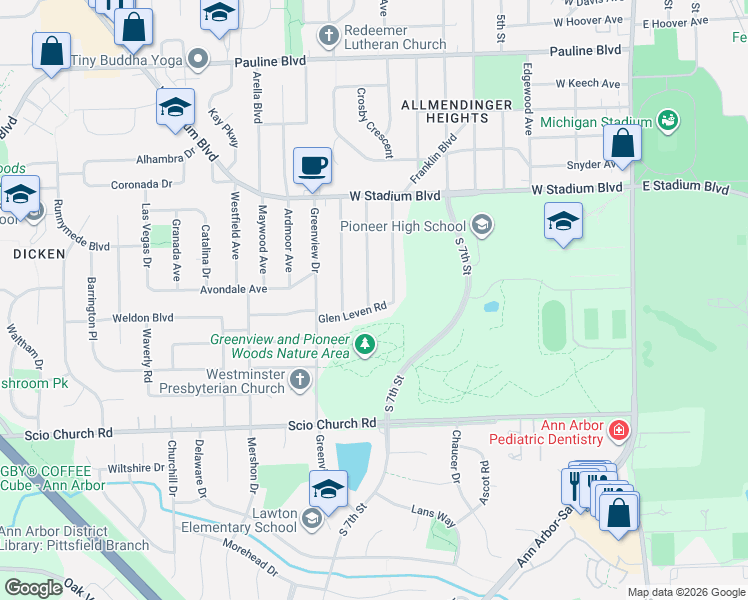 map of restaurants, bars, coffee shops, grocery stores, and more near 1619 Kirtland Drive in Ann Arbor