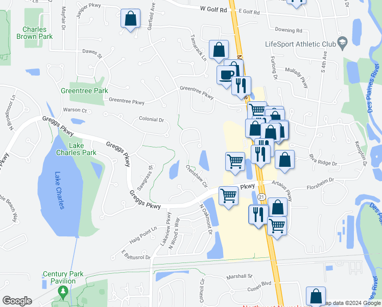 map of restaurants, bars, coffee shops, grocery stores, and more near 1909 Crenshaw Circle in Vernon Hills