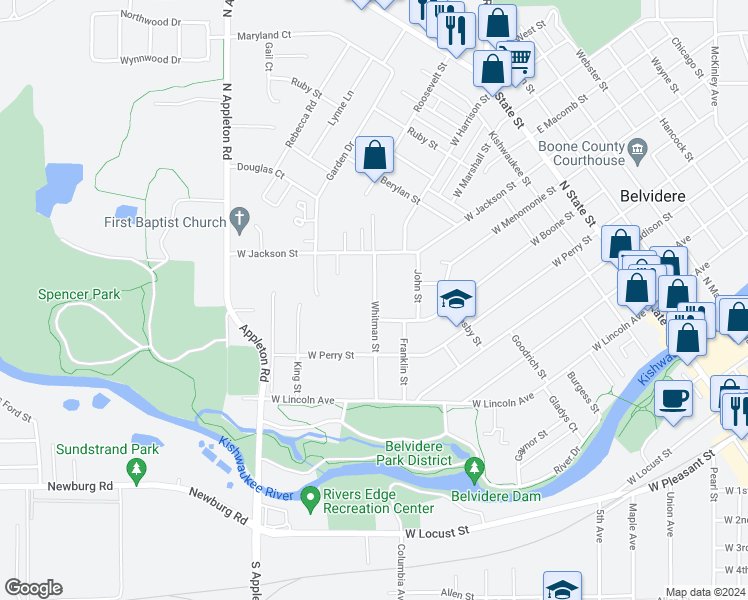 map of restaurants, bars, coffee shops, grocery stores, and more near 615 Whitman Street in Belvidere