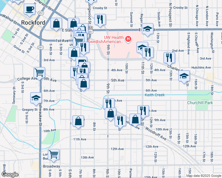 map of restaurants, bars, coffee shops, grocery stores, and more near 616 6th Avenue Court in Rockford