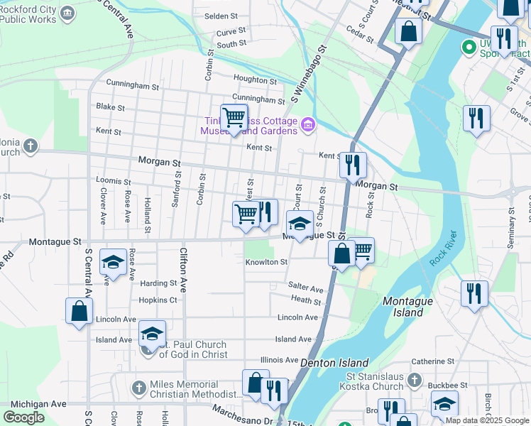 map of restaurants, bars, coffee shops, grocery stores, and more near 1210 West Street in Rockford