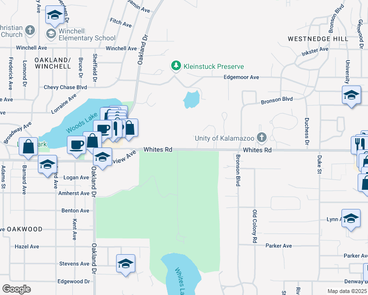 map of restaurants, bars, coffee shops, grocery stores, and more near 1628 Whites Road in Kalamazoo