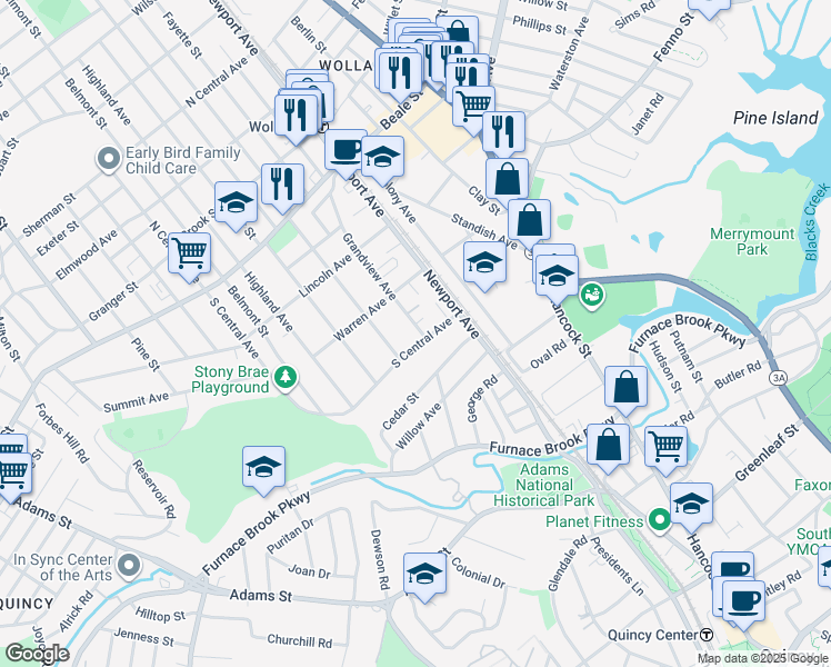 map of restaurants, bars, coffee shops, grocery stores, and more near 17 South Central Avenue in Quincy