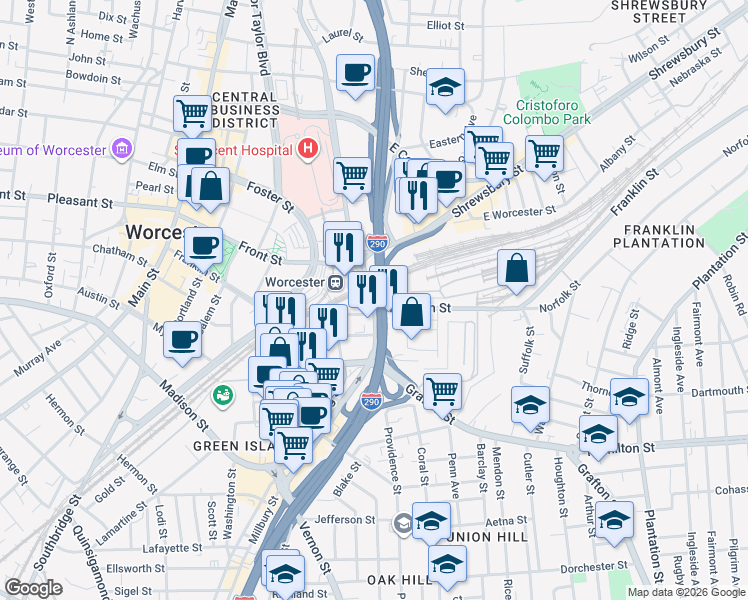 map of restaurants, bars, coffee shops, grocery stores, and more near 21 Grafton Street in Worcester