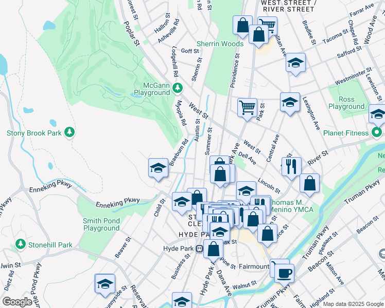 map of restaurants, bars, coffee shops, grocery stores, and more near 73 Austin Street in Boston