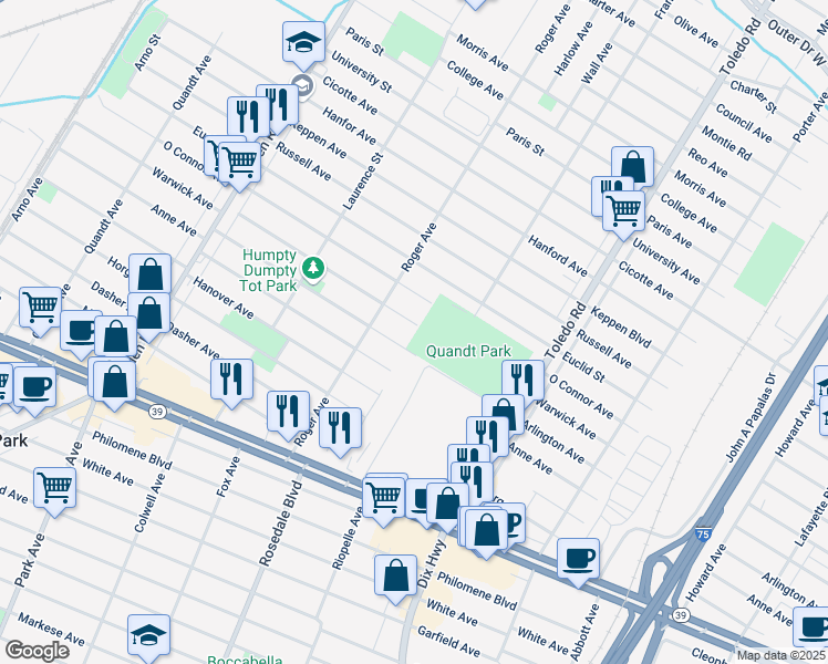 map of restaurants, bars, coffee shops, grocery stores, and more near 14592 Warwick Avenue in Allen Park