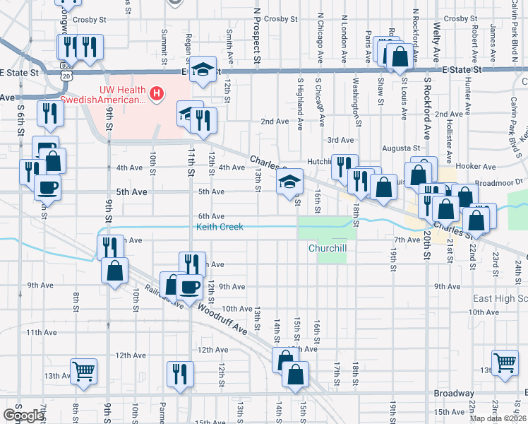 map of restaurants, bars, coffee shops, grocery stores, and more near 634 13th Street in Rockford