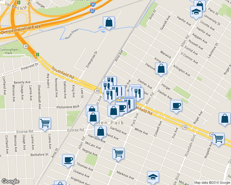 map of restaurants, bars, coffee shops, grocery stores, and more near 16000 Southfield Road in Allen Park