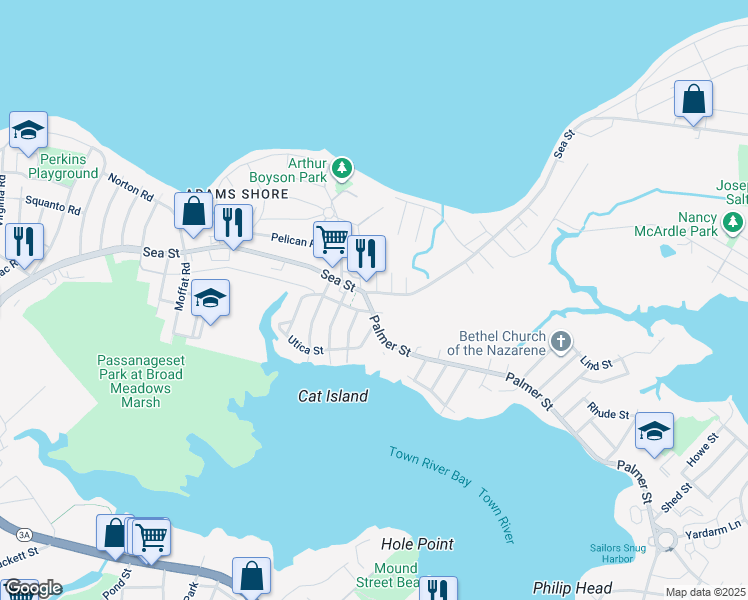 map of restaurants, bars, coffee shops, grocery stores, and more near in Quincy