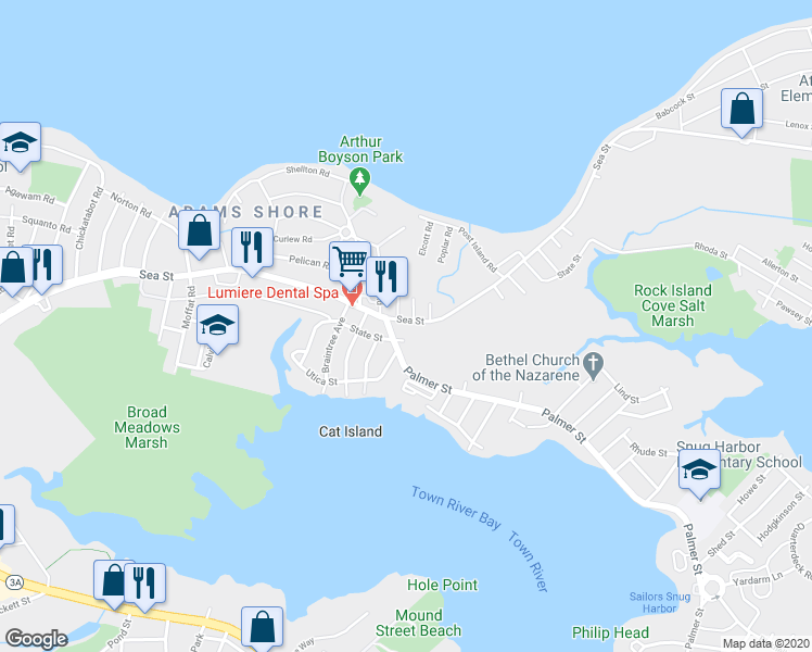 map of restaurants, bars, coffee shops, grocery stores, and more near 541 Sea Street in Quincy