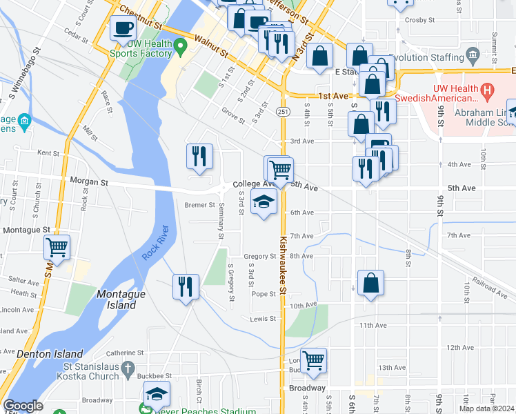 map of restaurants, bars, coffee shops, grocery stores, and more near 523 Union Street in Rockford