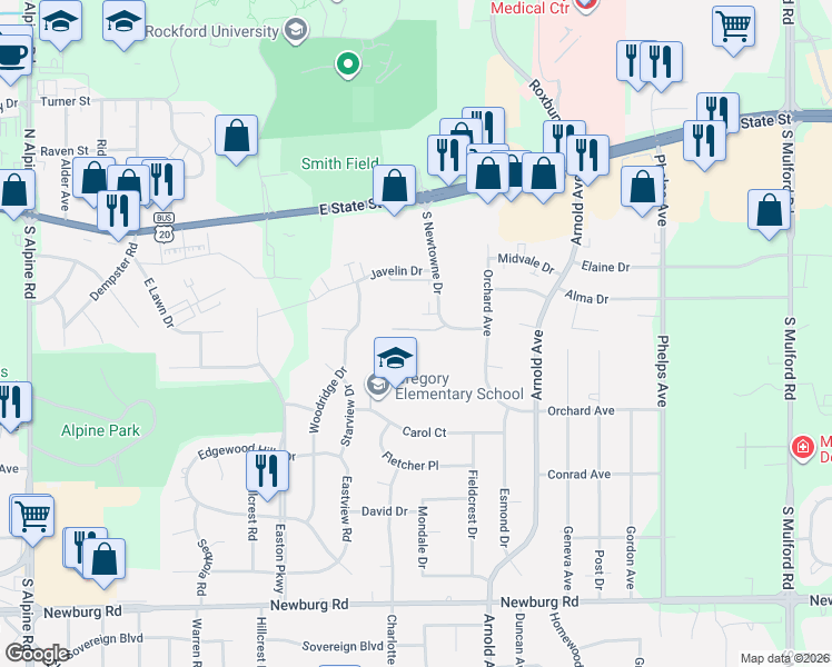 map of restaurants, bars, coffee shops, grocery stores, and more near 5108 Diane Court in Rockford