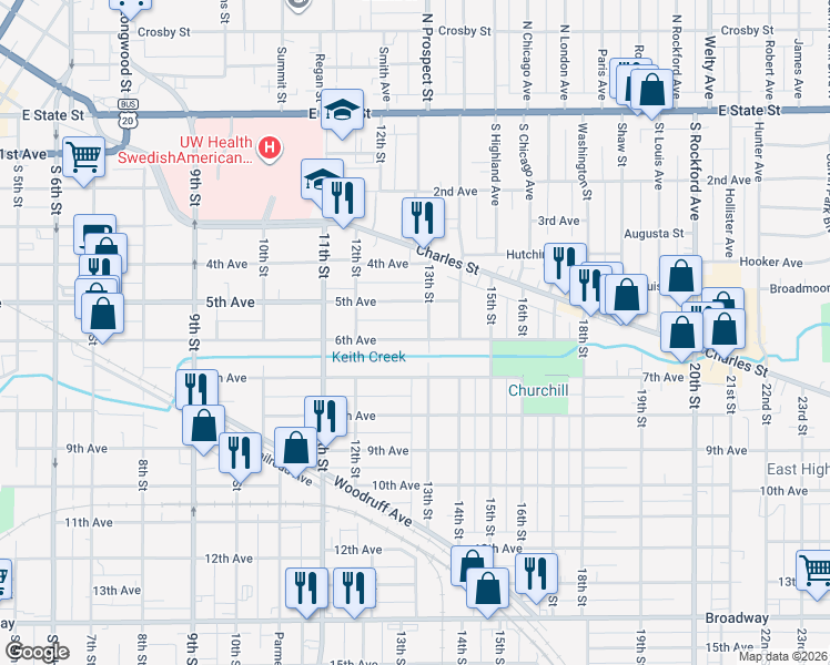 map of restaurants, bars, coffee shops, grocery stores, and more near 1649 5th Avenue in Rockford