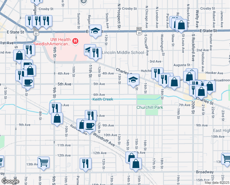 map of restaurants, bars, coffee shops, grocery stores, and more near 1649 5th Avenue in Rockford