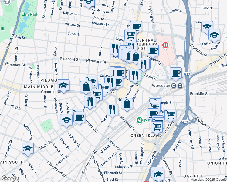 map of restaurants, bars, coffee shops, grocery stores, and more near 595 Main Street in Worcester