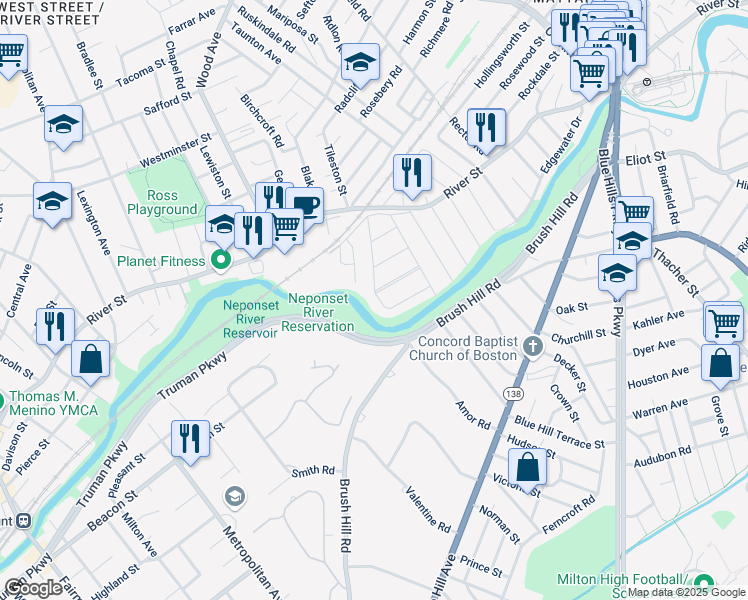 map of restaurants, bars, coffee shops, grocery stores, and more near 63-65 Belnel Road in Boston