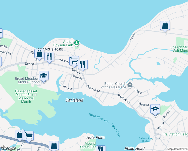 map of restaurants, bars, coffee shops, grocery stores, and more near 558 Sea Street in Quincy